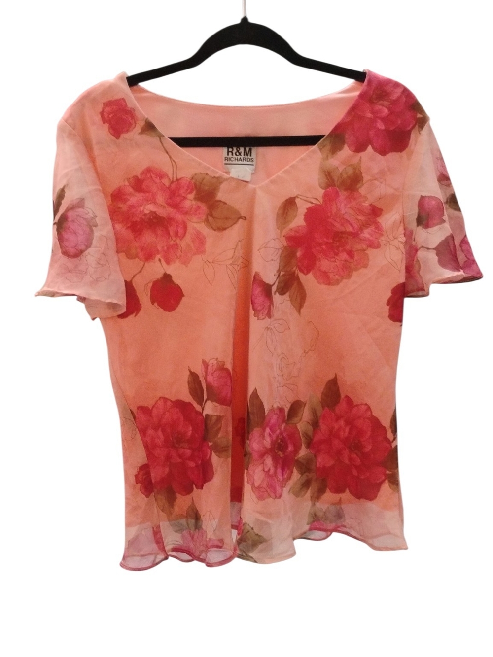 R&M Richards Coral Pink Rose Print V-Neck Blouse Size 16